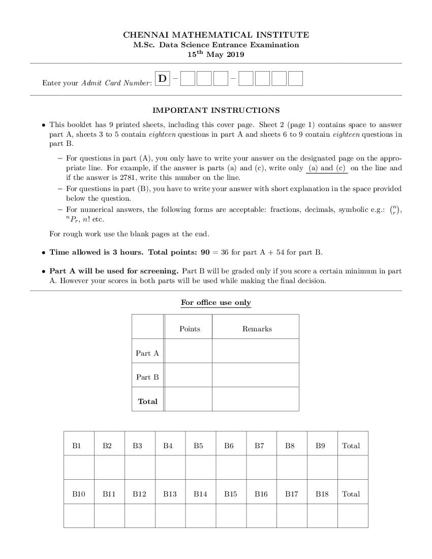 CMI Entrance Exam 2019 Question Paper for M.Sc in Data Science - Page 1