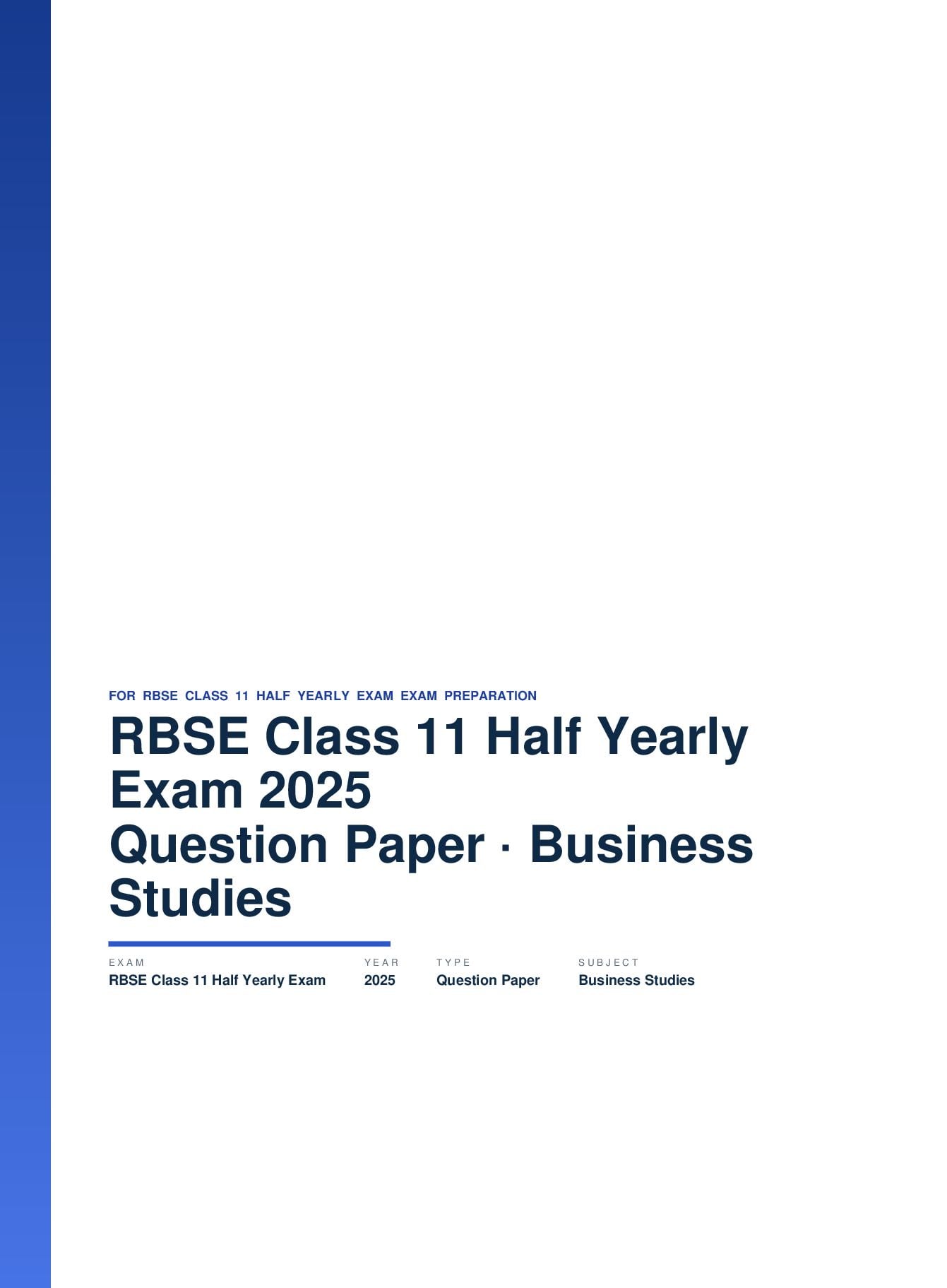 RBSE Class 11 Half Yearly Exam Question Paper 2025 Business Studies - Page 1 of 5