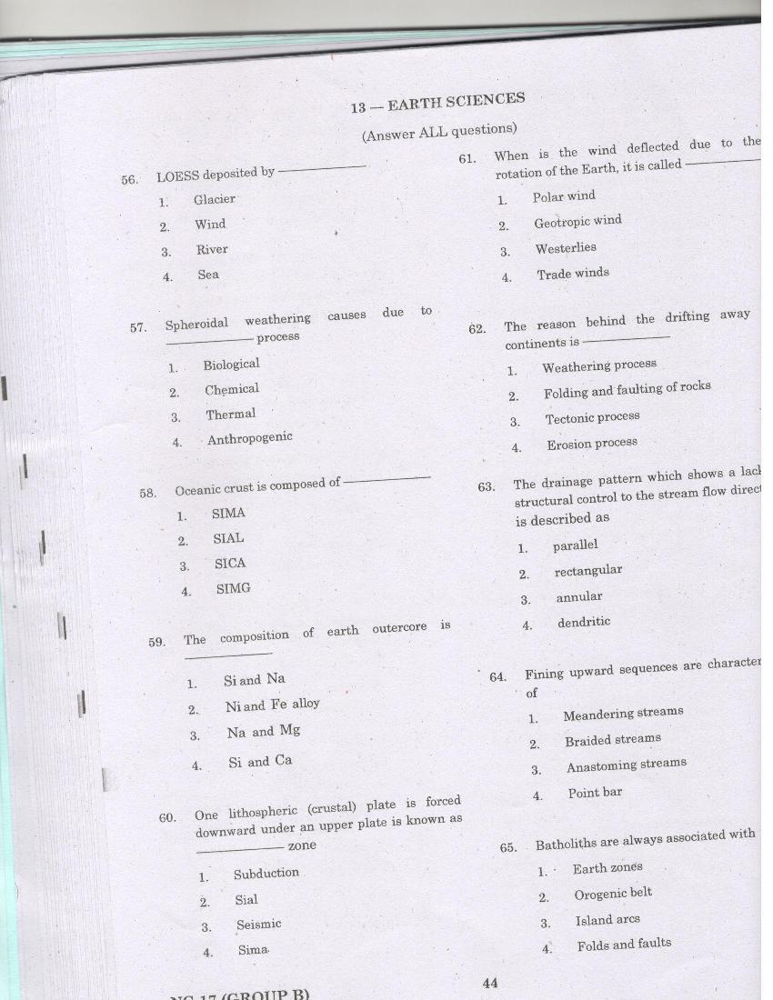 TANCET 2017 Question Paper for Earth Sciences - Page 1