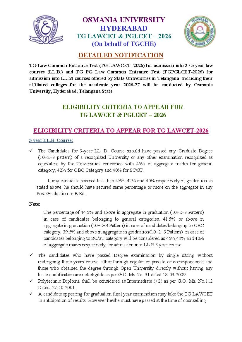 TG LAWCET and PGLCET 2026 Detailed Notification - Page 1