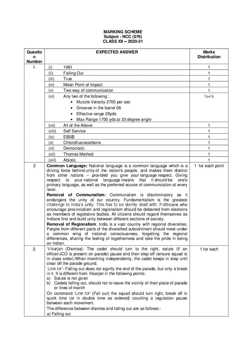 CBSE Class 12 Marking Scheme 2021 for NCC - Page 1