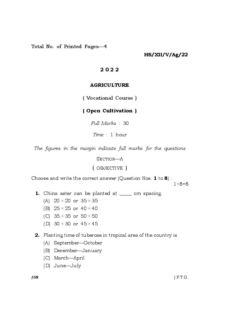 MBOSE Class 12 Question Paper 2022 for Agriculture - Page 1