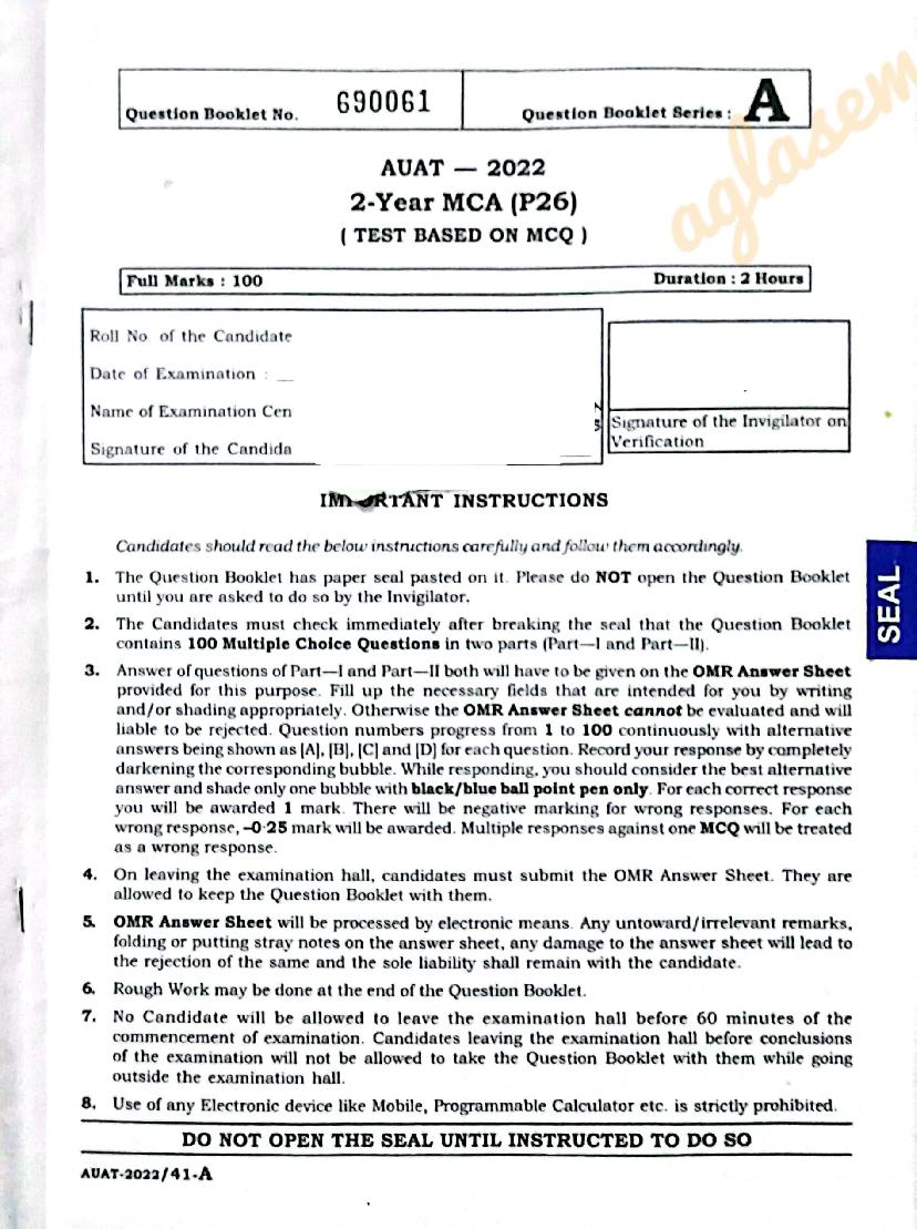 AUAT 2022 Question Paper MCA - Page 1