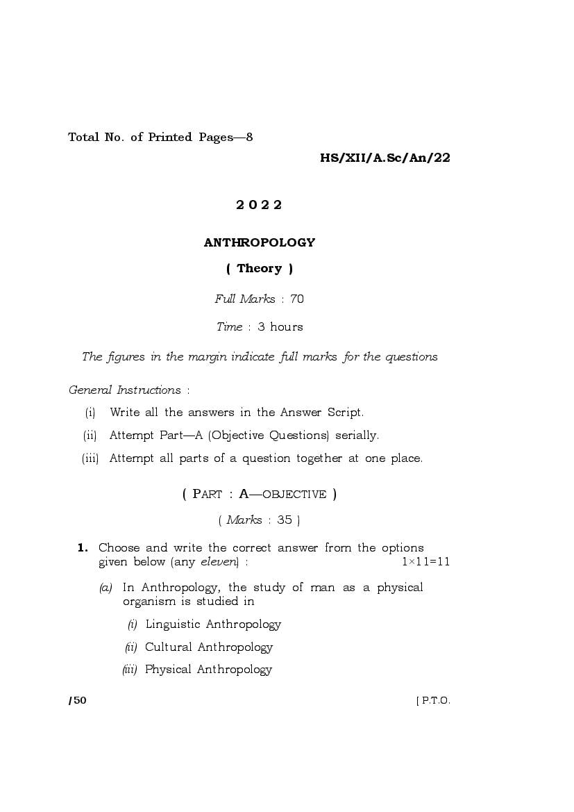 MBOSE Class 12 Question Paper 2022 for Anthropology - Page 1