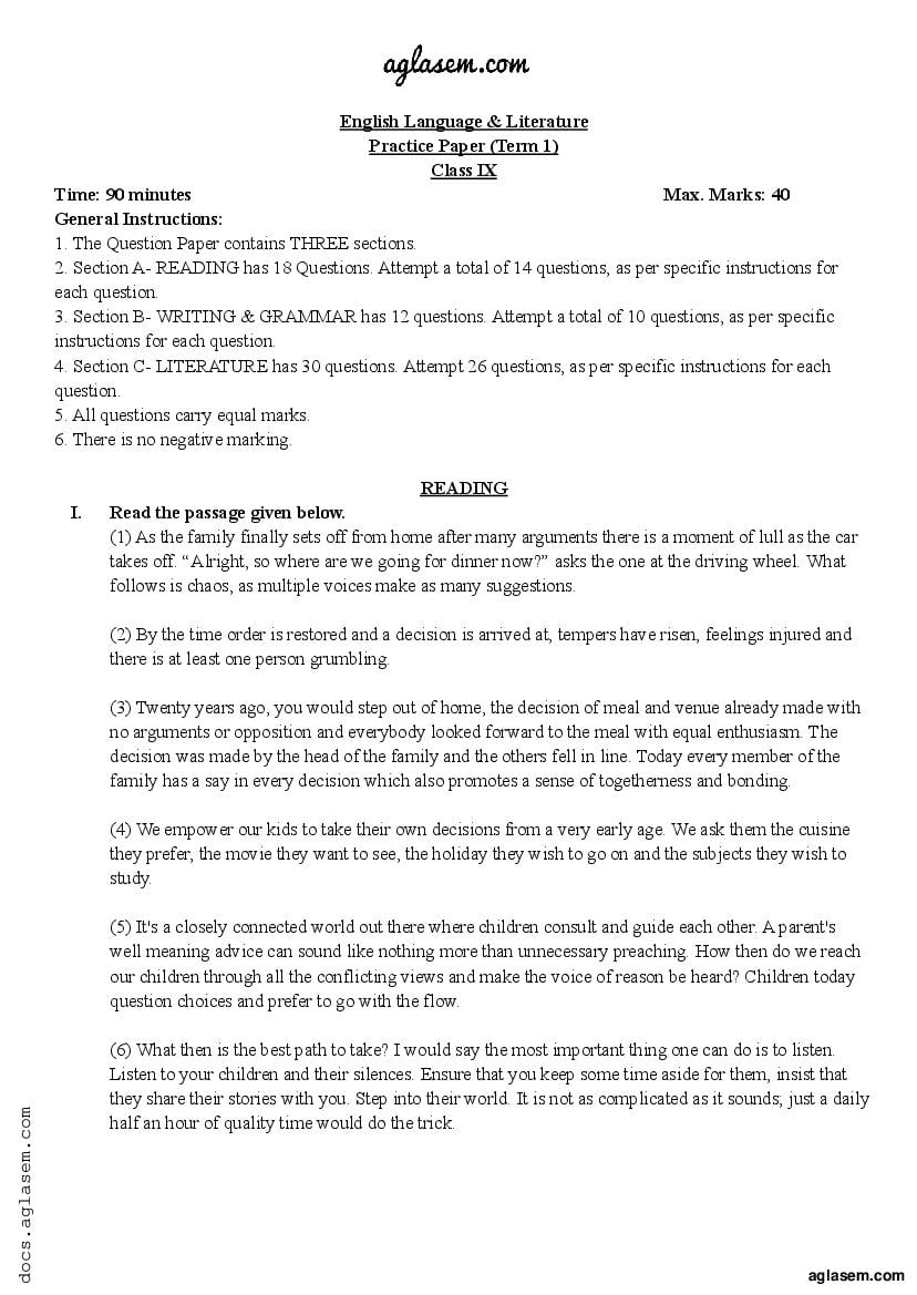 Class 9 Sample Paper 2022 English Term 1 - Page 1