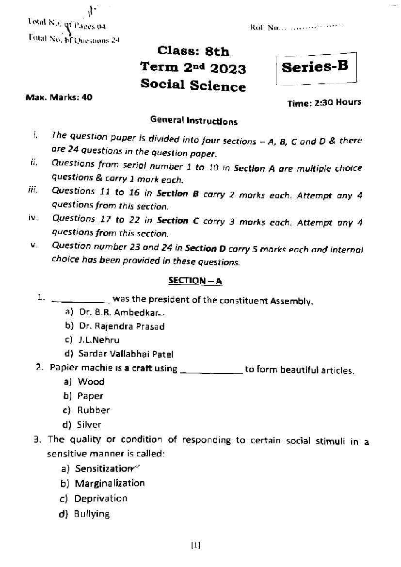 JKBOSE Class 8th Social Science Question Paper (PDF) - AglaSem