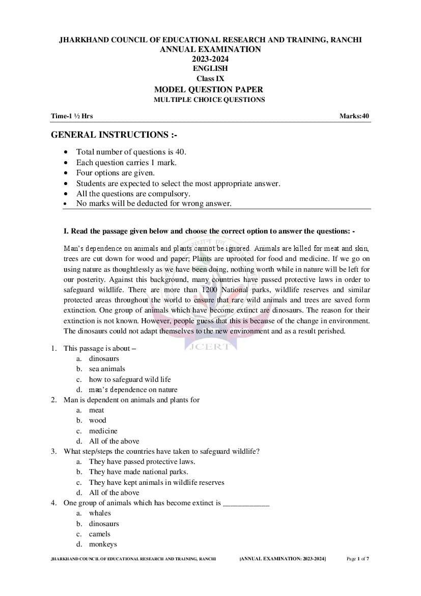 JAC Class 9 Model Question Paper 2024 English - Page 1
