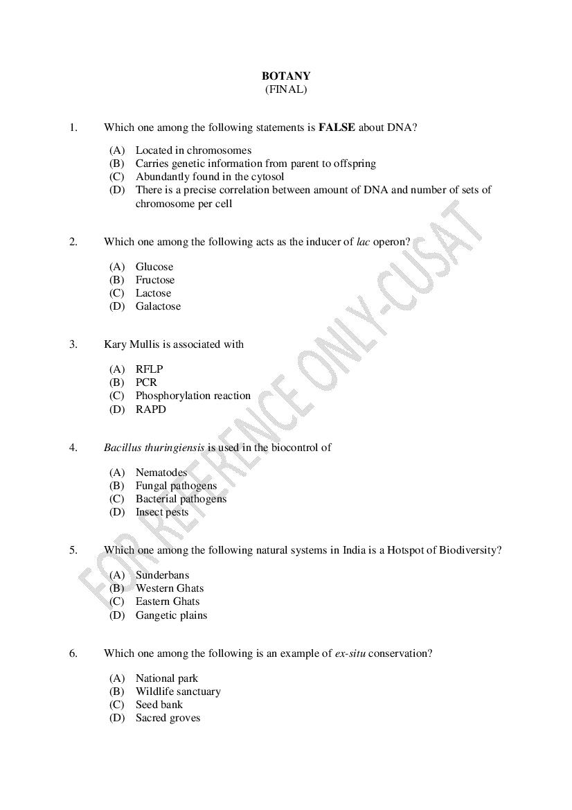 CUSAT CAT 2022 Question Paper Botany - Page 1