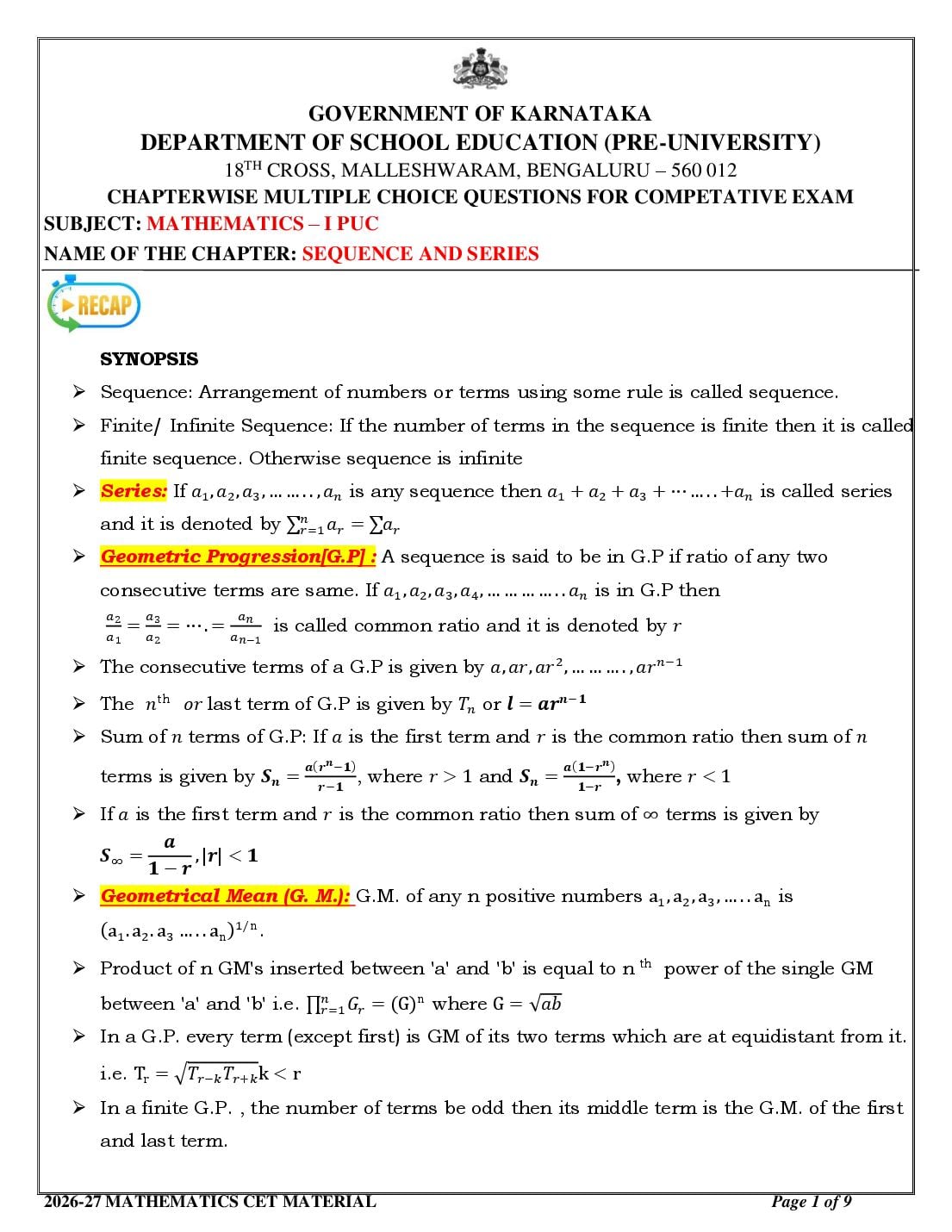 Karnataka 1st PUC Mathematics Sequence and Series MCQ with Answers - Page 1 of 9