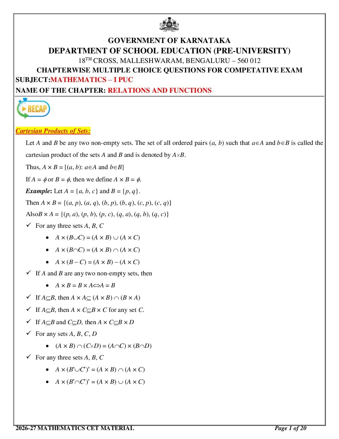 Karnataka 1st PUC Mathematics Relations and Functions MCQ with Answers - Page 1 of 20