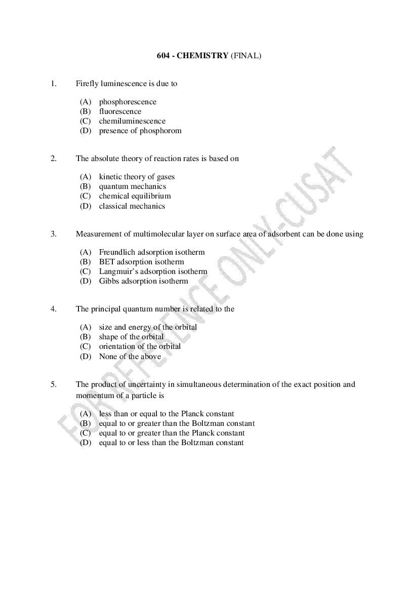 CUSAT CAT 2022 Question Paper Chemistry - Page 1