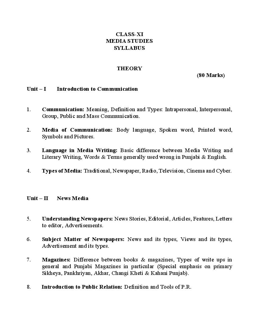 PSEB 11th Class Syllabus 2023 Media Studies - Page 1 of 2