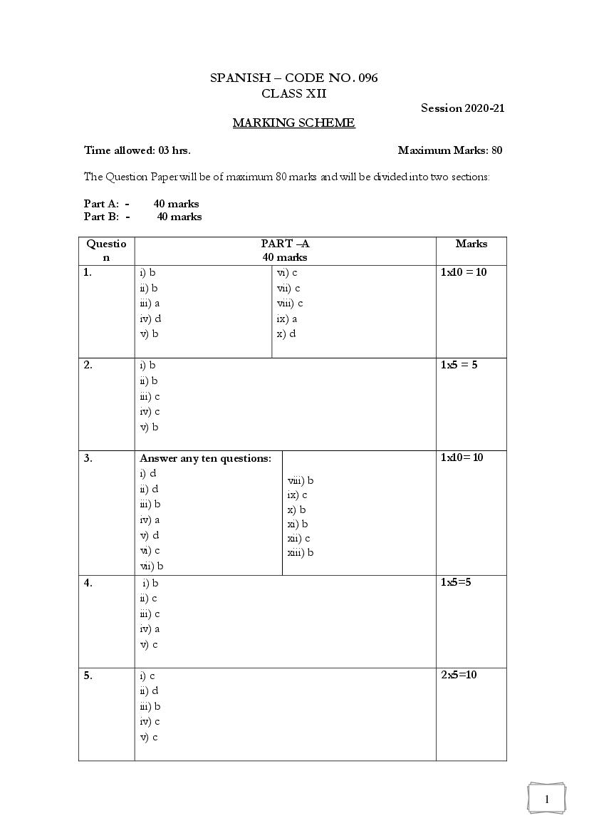 CBSE Class 12 Marking Scheme 2021 for Spanish - Page 1