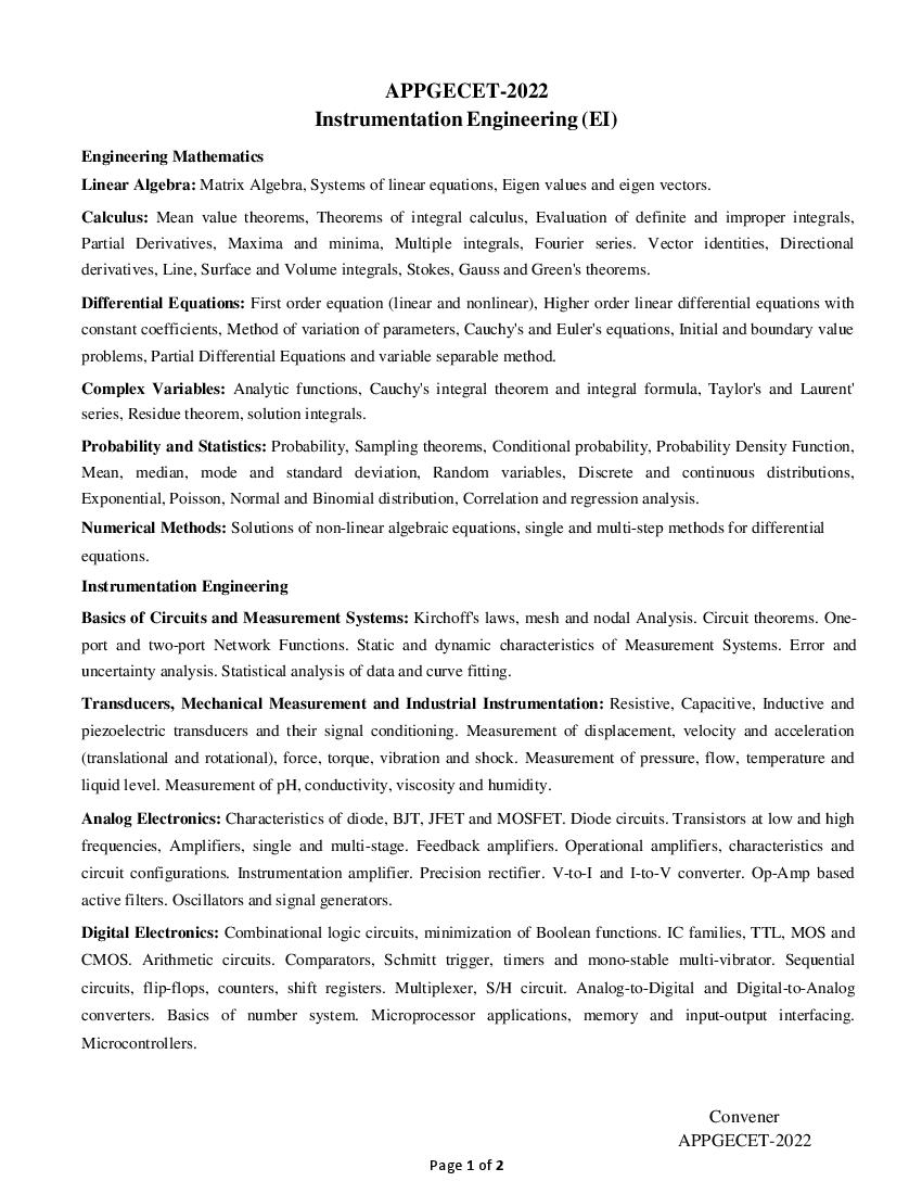 AP PGECET 2022 Syllabus for Instrumentation Engineering - Page 1