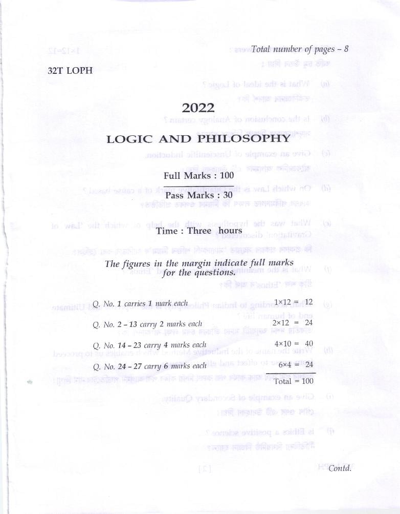 AHSEC HS 2nd Year Question Paper 2022 Logic and Philosophy - Page 1