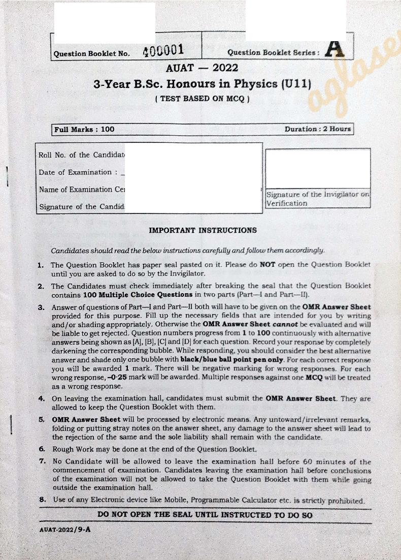 AUAT 2022 Question Paper B.Sc Hons Physics - Page 1