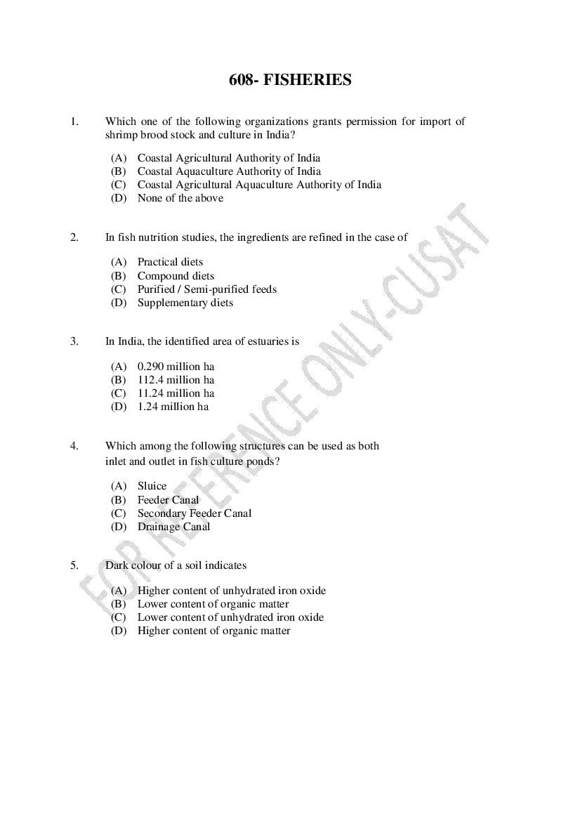 CUSAT CAT 2022 Question Paper Fisheries - Page 1