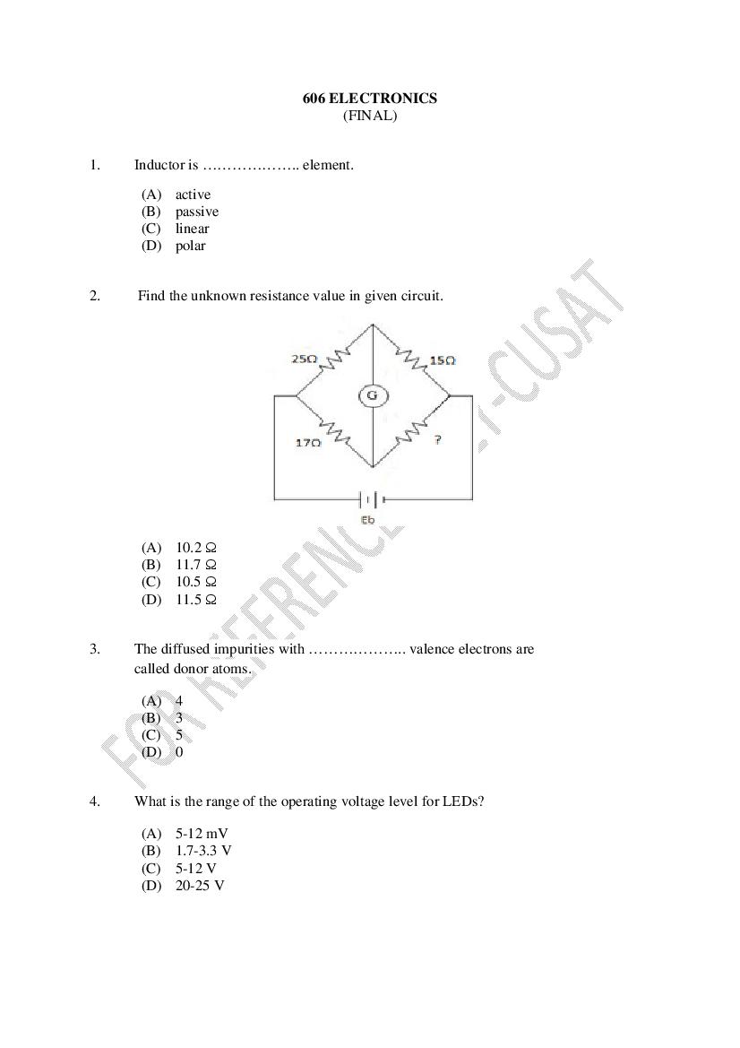 CUSAT CAT 2022 Question Paper Electronics - Page 1