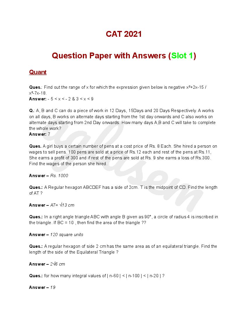 Question Paper and Answer Key of CAT 2021 Slot 1 - Page 1