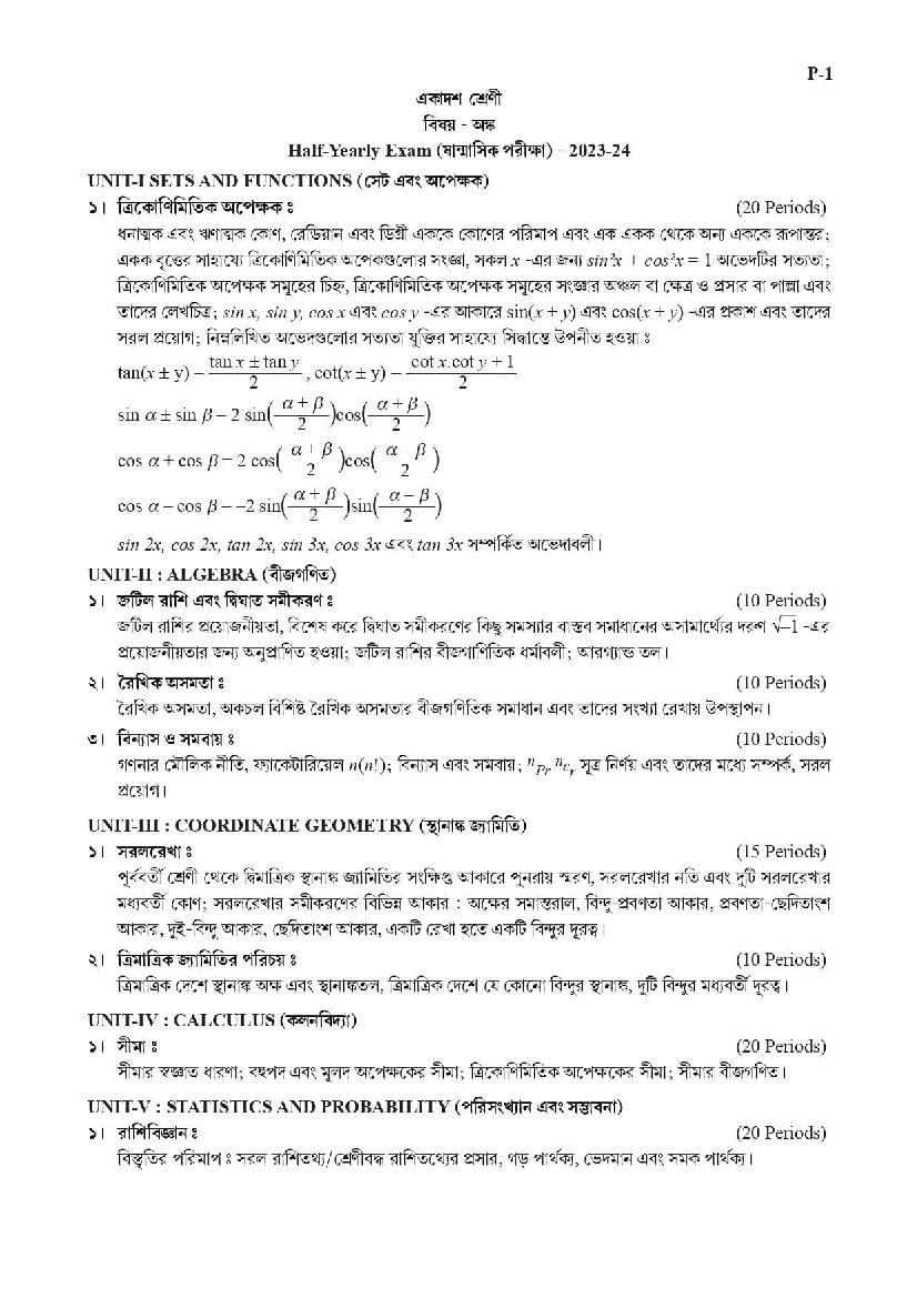 TBSE Class 11 Syllabus 2024 Math - Page 1