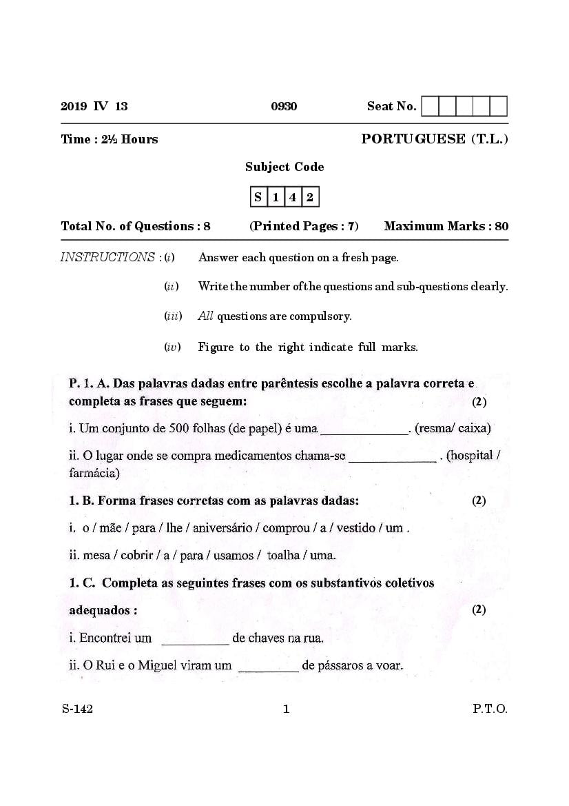 Goa Board Class 10 Question Paper Mar 2019 Portuguese T.L. - Page 1