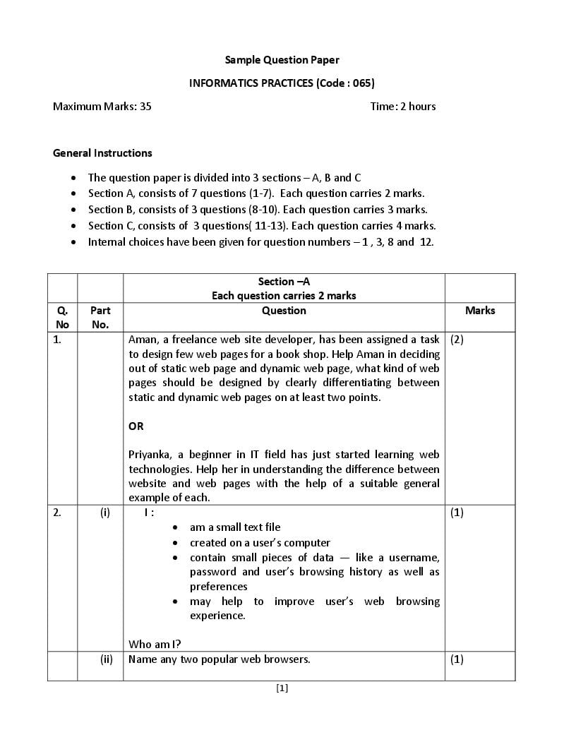 CBSE Class 12 Sample Paper 2022 for Informatics Practices Term 2 - Page 1
