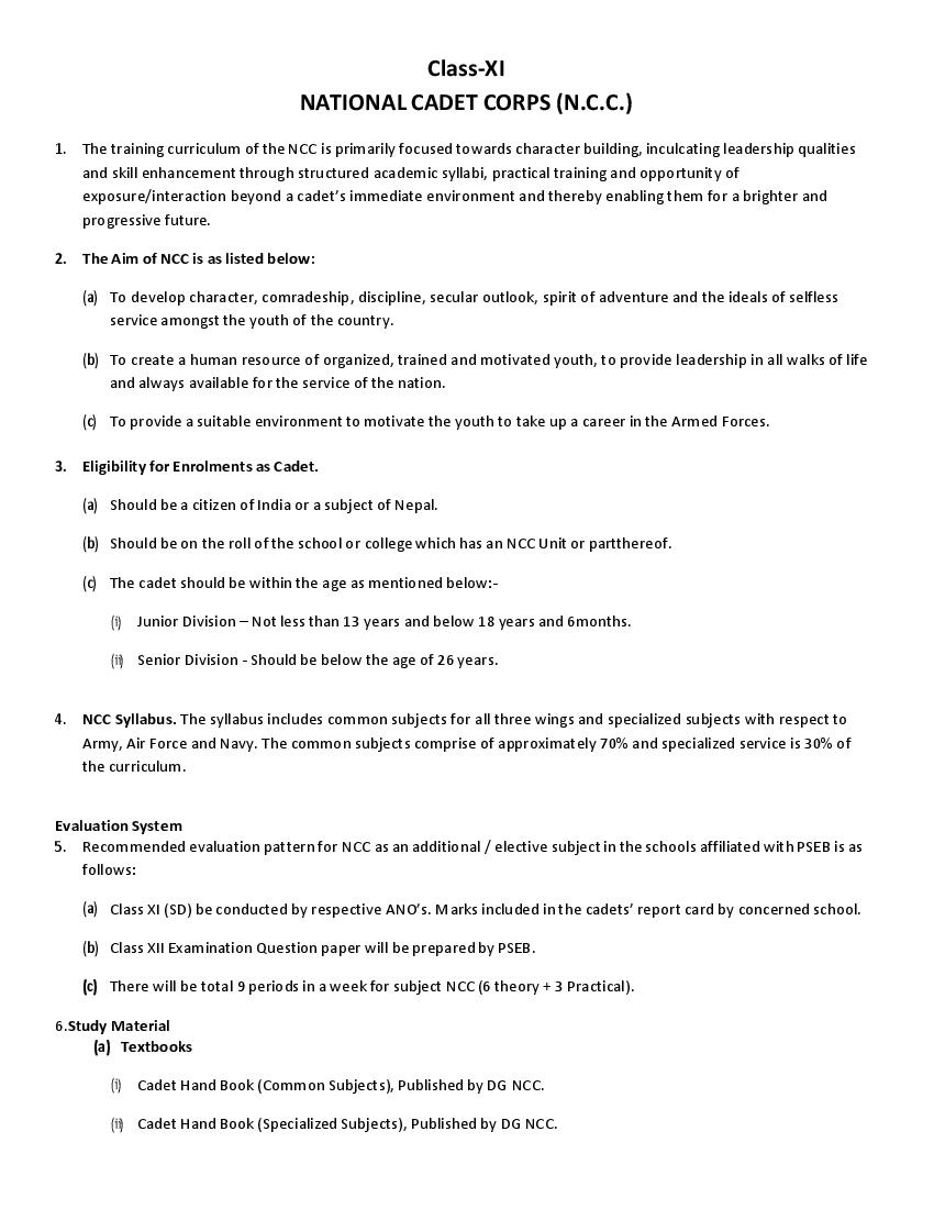 PSEB 11th Class Syllabus 2023 NCC - Page 1 of 5