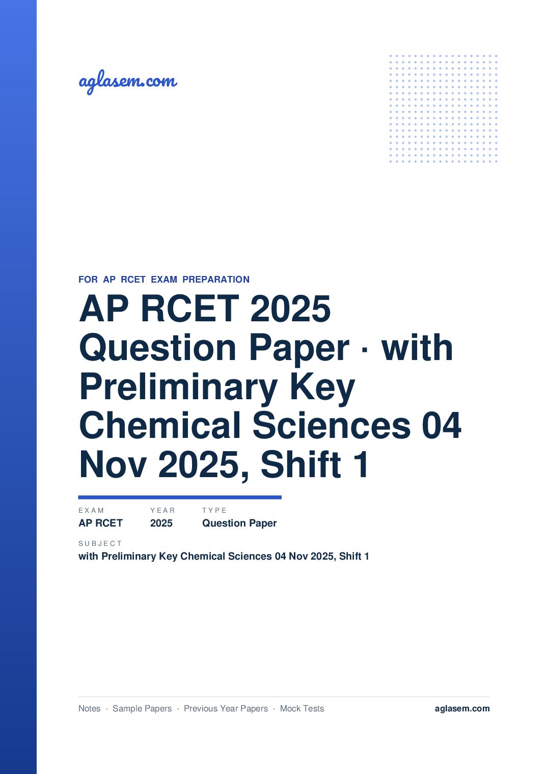 AP RCET 2025 Question Paper with Preliminary Key Chemical Sciences 04 Nov 2025, Shift 1 - Page 1 of 70