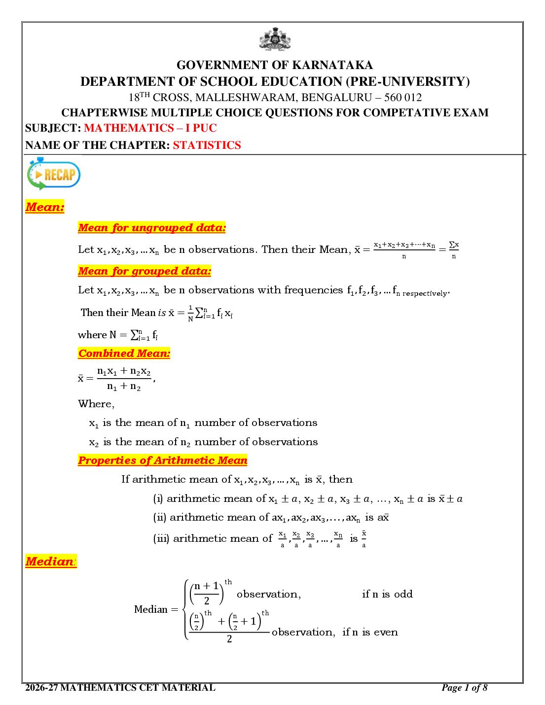 Karnataka 1st PUC Mathematics Statistics MCQ with Answers - Page 1 of 8