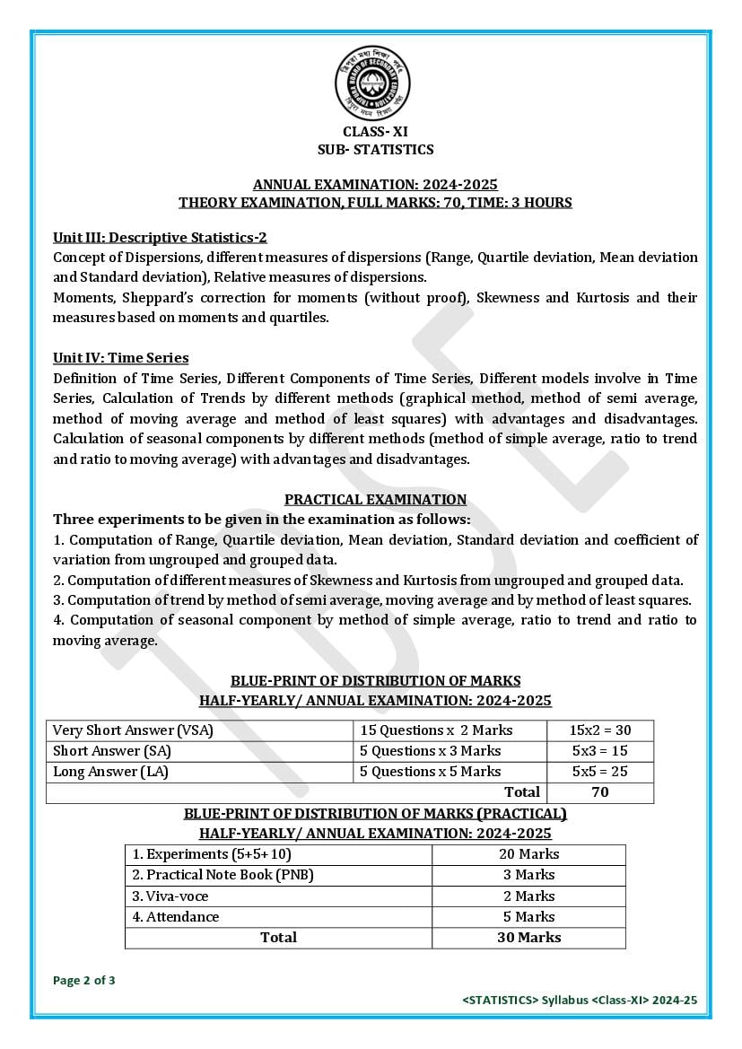 TBSE Class 11 Statistics Syllabus 2025 (PDF) – Tripura Board Syllabus for 11th Statistics