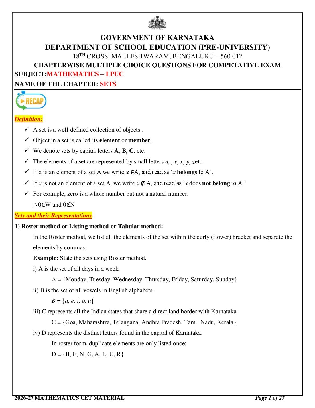 Karnataka 1st PUC Mathematics Sets MCQ with Answers - Page 1 of 27