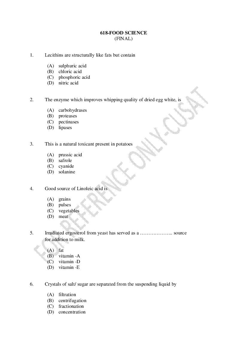 CUSAT CAT 2022 Question Paper Food Science - Page 1