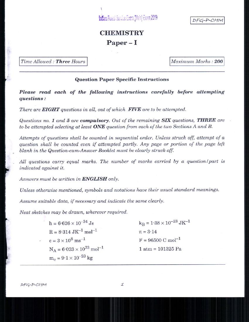 UPSC IFS 2019 Question Paper for Chemistry Paper-I - Page 1