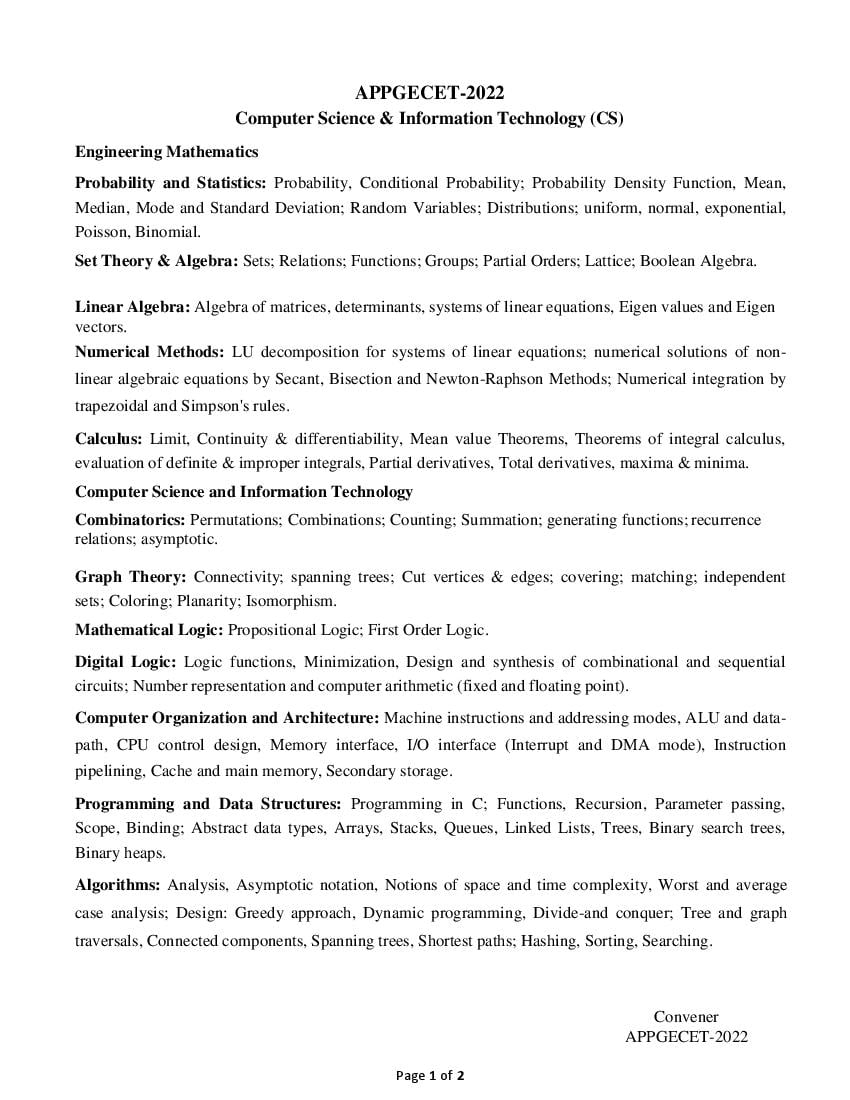 AP PGECET 2022 Syllabus for Computer Science and Information Technology - Page 1