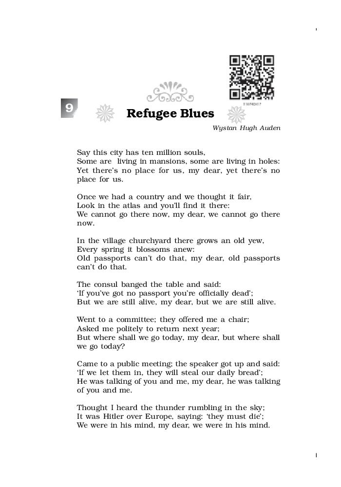NCERT Book Class 11 English (Woven Words) Poetry 9 Refugee Blues - Page 1