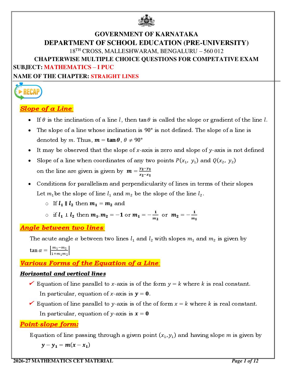 Karnataka 1st PUC Mathematics Straight Lines MCQ with Answers - Page 1 of 12