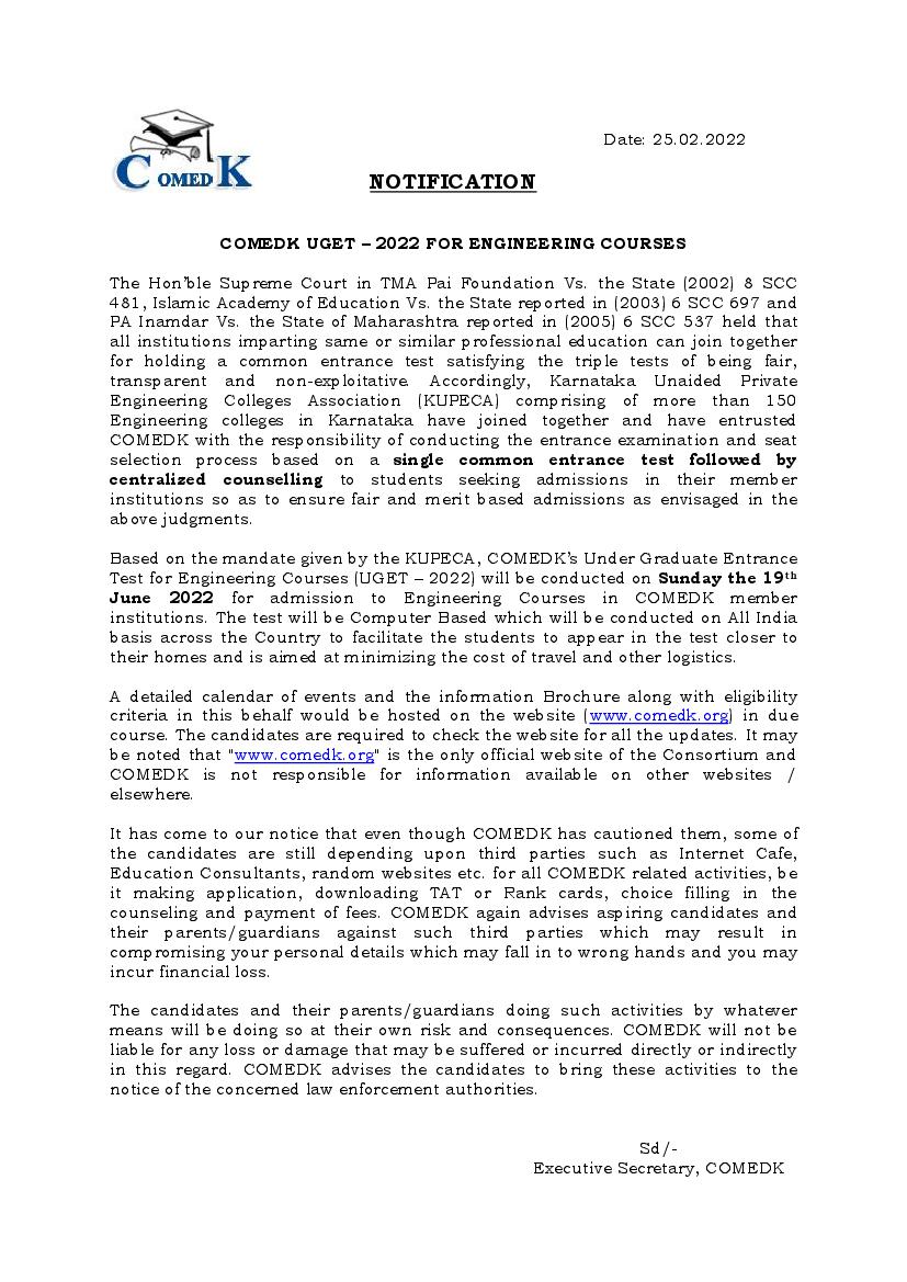 COMEDK 2022 Notification - Page 1