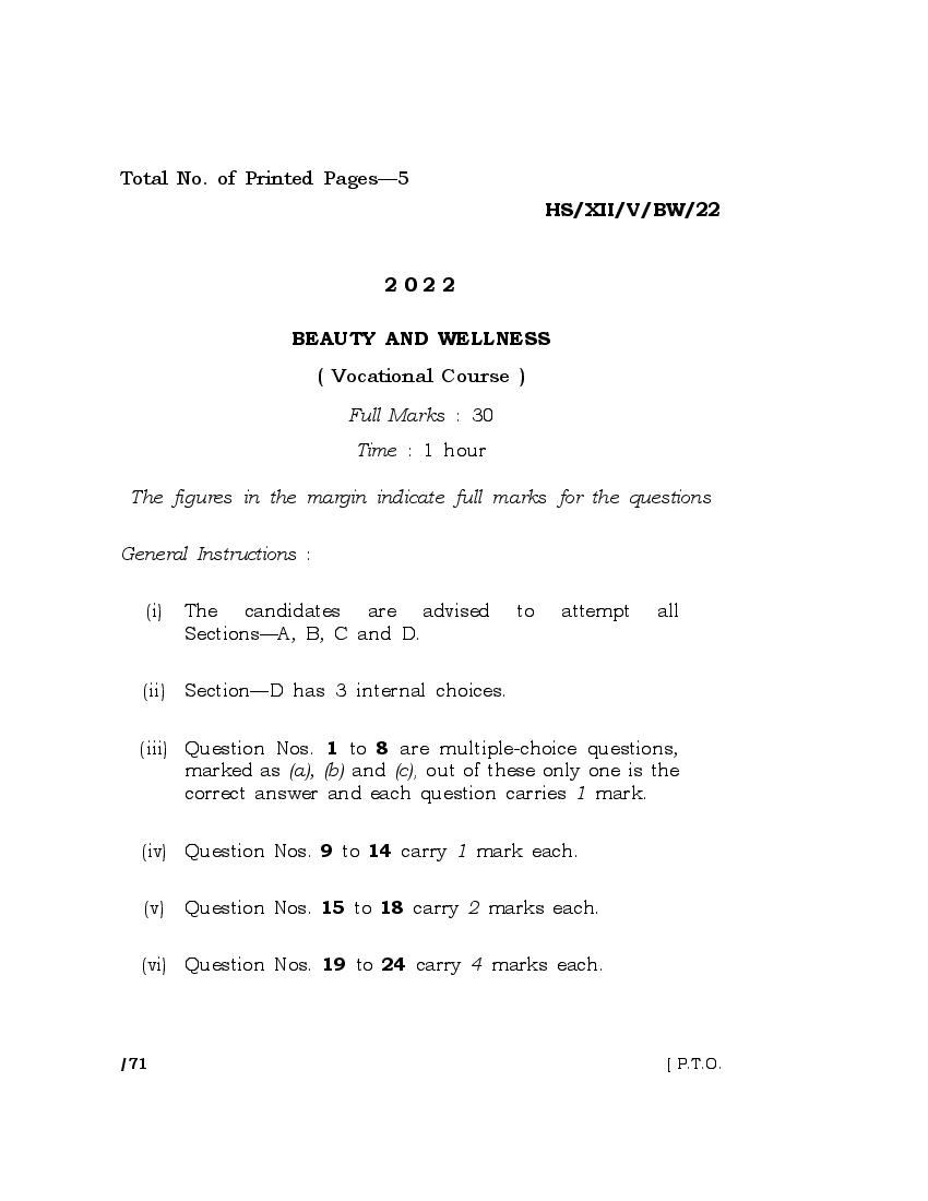 MBOSE Class 12 Question Paper 2022 for Beauty and Wellness - Page 1