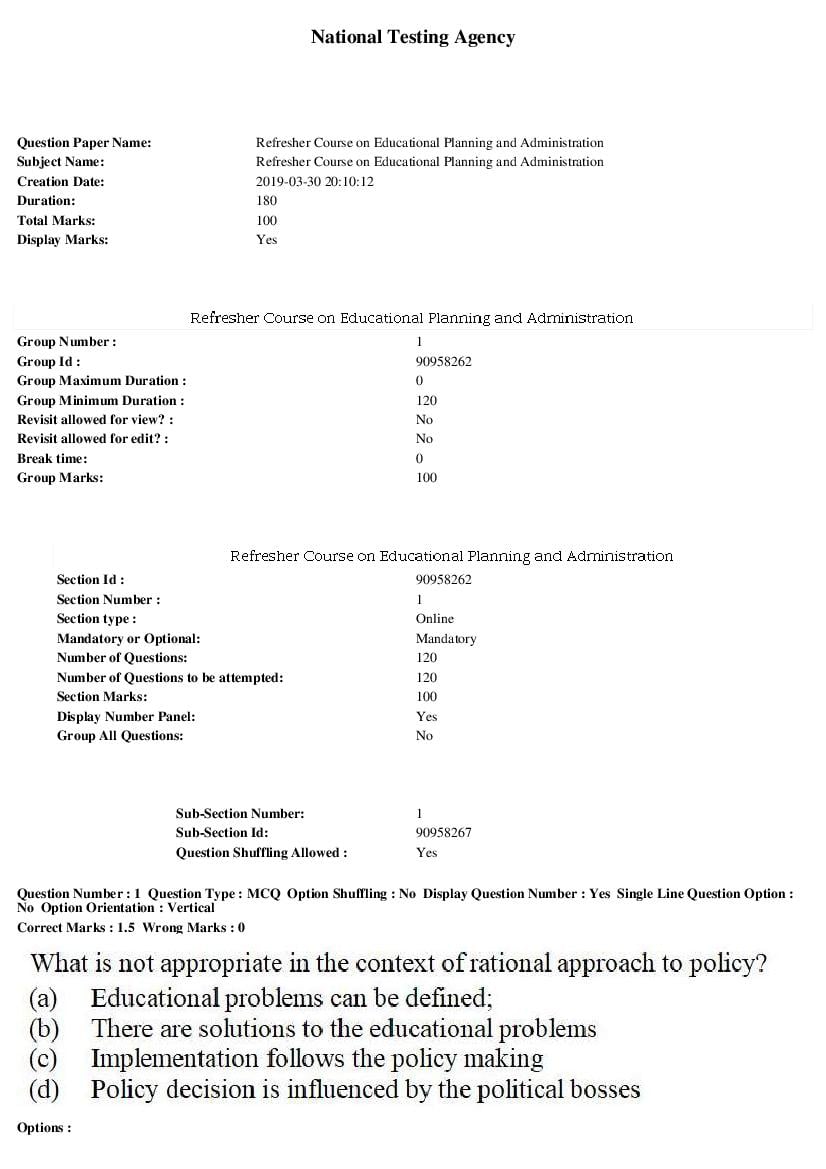 ARPIT 2019 Question Paper for Refresher Course on Education Planning and Administration - Page 1 of 41