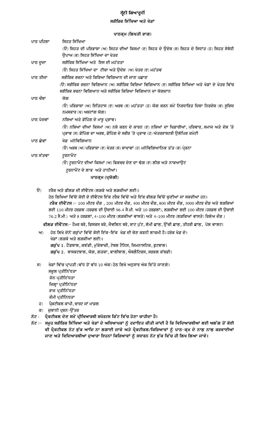 PSEB 11th Class Syllabus 2023 Physical Education and Sports - Page 1 of 1
