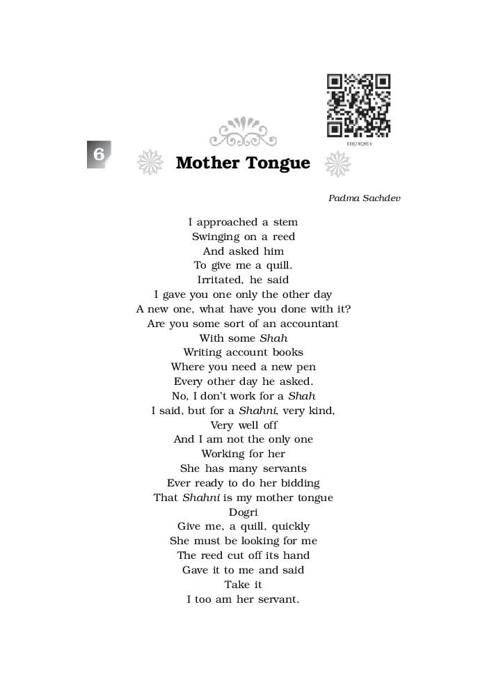NCERT Book Class 11 English (Woven Words) Poetry 6 Mother Tongue - Page 1