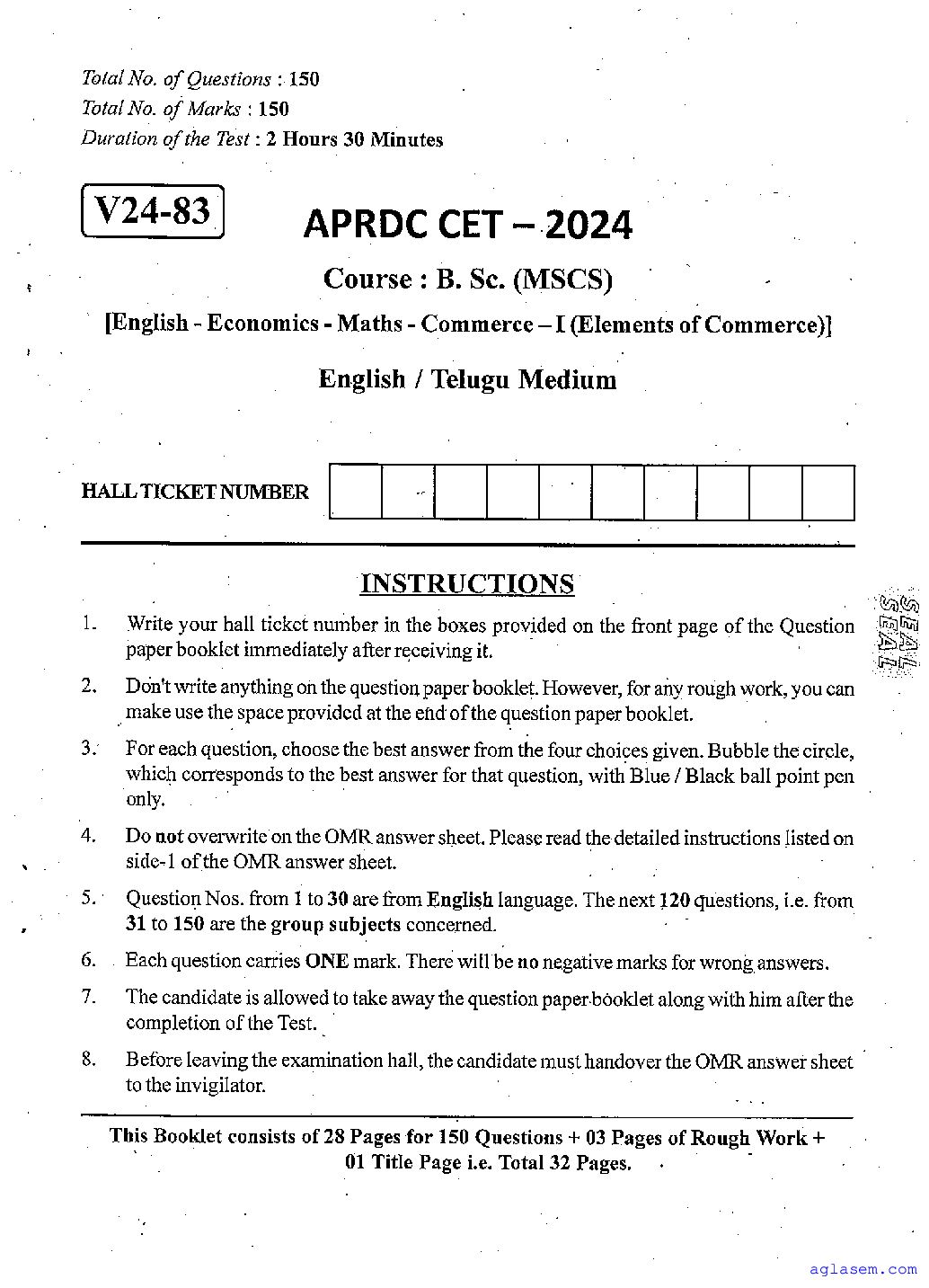 APRDC CET 2024 Question Paper B.Sc (MSCS) - Page 1 of 32