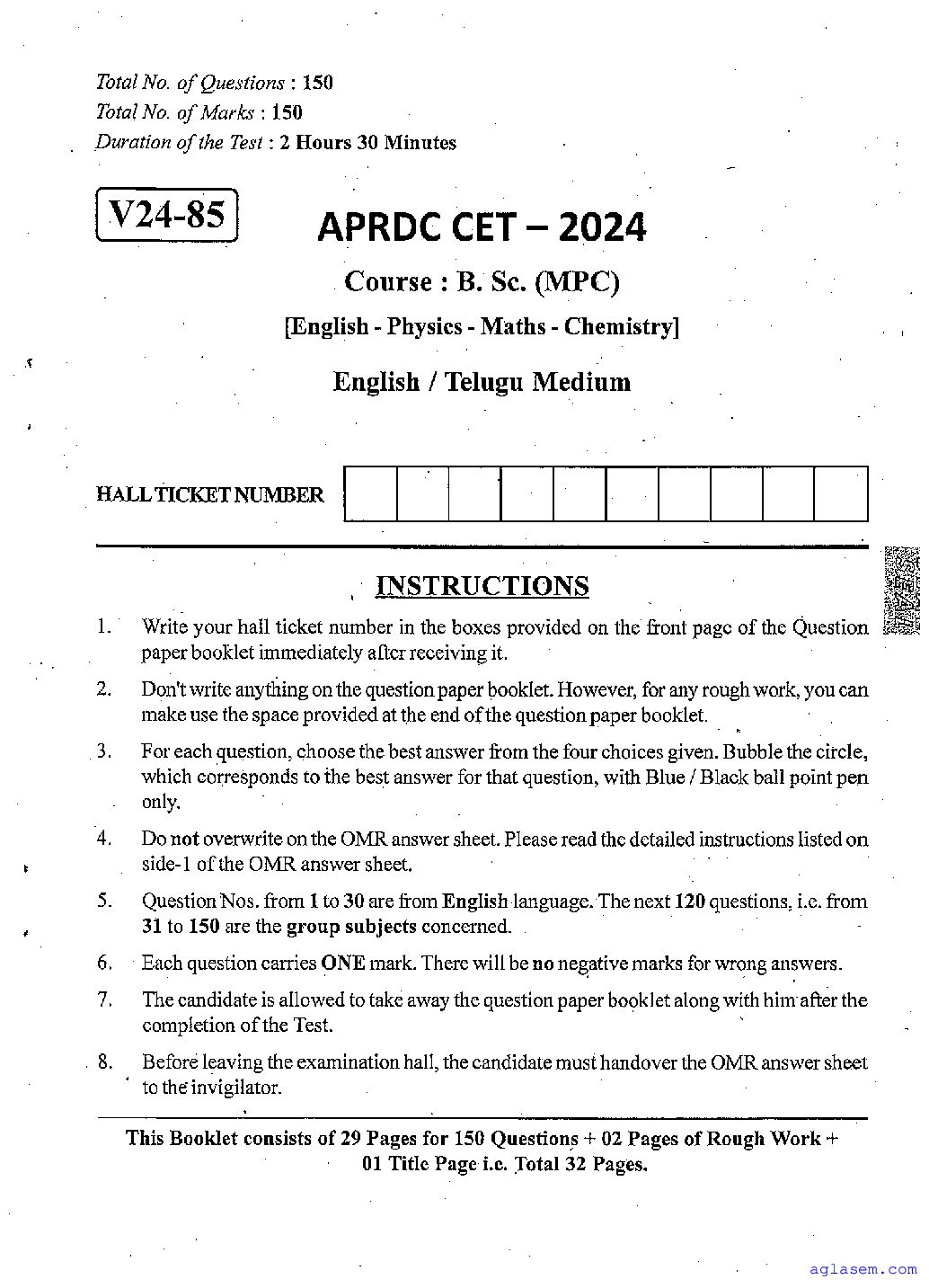 APRDC CET 2024 Question Paper B.Sc (MPC) - Page 1 of 32