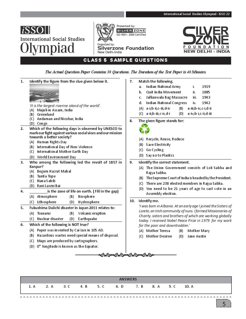 SilverZone iSSO Sample Paper 2022 Class 5  - Page 1