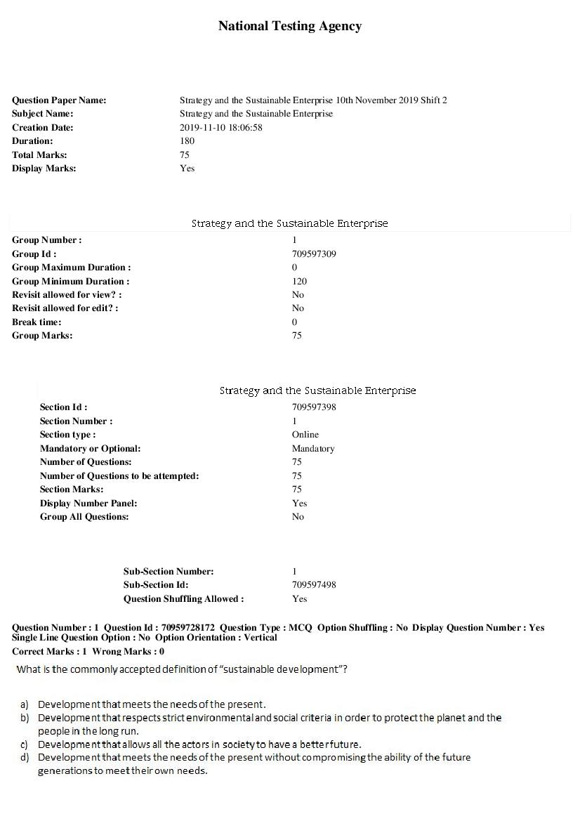 SWAYAM 2019 Question Paper Strategy and the Sustainable Enterprise - Page 1 of 17