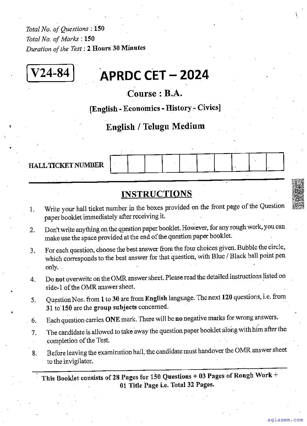 APRDC CET 2024 Question Paper BA - Page 1 of 32