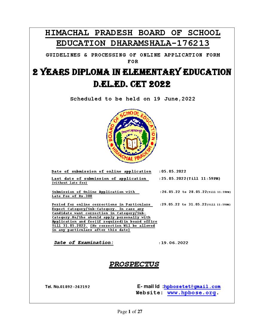 HP D.El.Ed CET 2022 Prospectus - Page 1