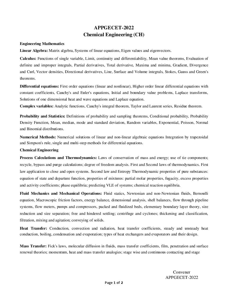 AP PGECET 2022 Syllabus for Chemical Engineering - Page 1