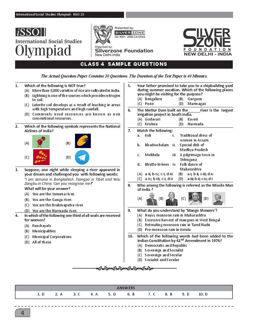 SilverZone iSSO Sample Paper 2022 Class 4  - Page 1
