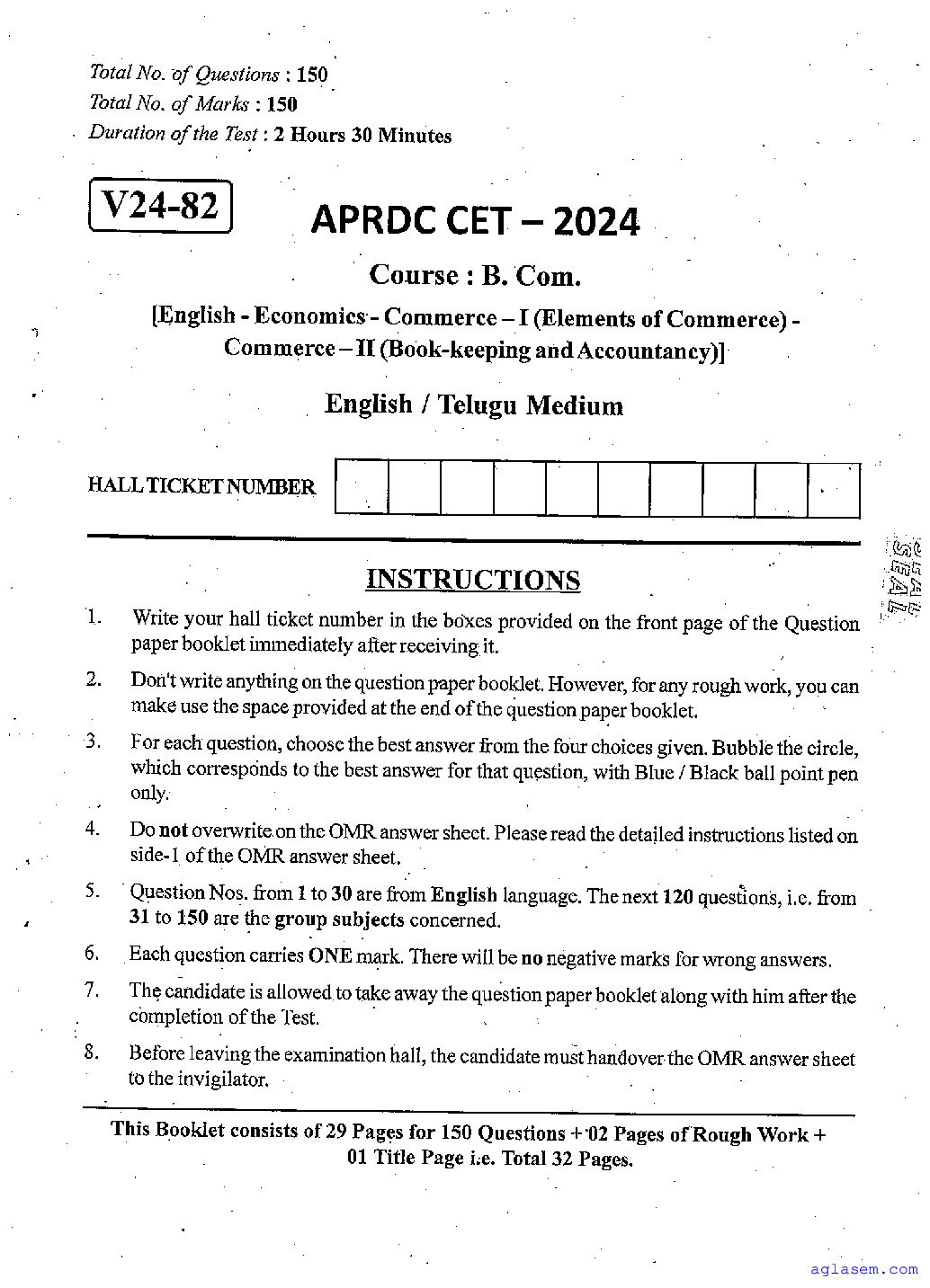 APRDC CET 2024 Question Paper BCom - Page 1 of 32